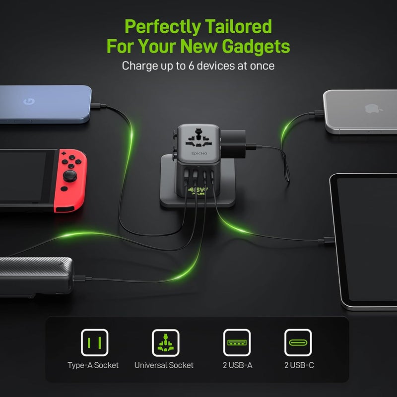 EPICKA Pulse Duo 45W Universal Travel Adapter, International Power Adapter with PD & QC 3.0 Fast Charging for 2 Devices Simultaneously, European Travel Plug Adapter, Travel Essentials (Black) - Image 4